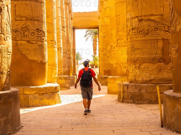 A young man strolling between the hieroglyphic columns of the Temple of Karnak