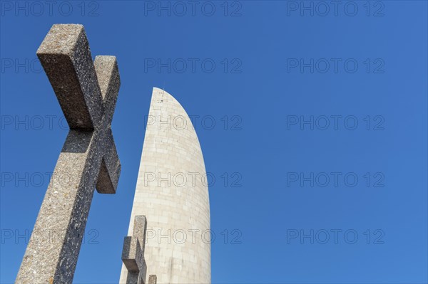 Looking up at the memorial Lighthouse of Remembrance at the former Natzweiler-Struthof concentration camp