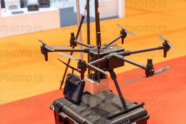 Hexacopter at the exhibition of modern technologies. Mid shot