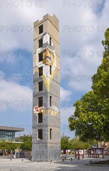 Portrait of emir Sheikh Tamim bin Hamad by Dimitrije Bugarski on the training tower in the courtyard of the Doha Fire Station