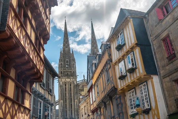 Historic center in the medieval town of Quimper and the Saint Corentin cathedral