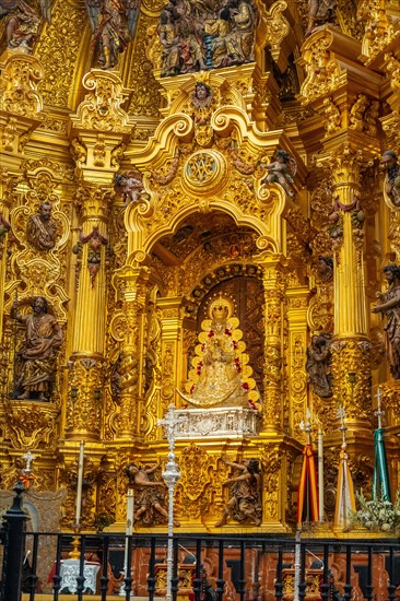 Detail of the interior of the church and the virgin in the sanctuary of El Rocio. Huelva. Andalusia