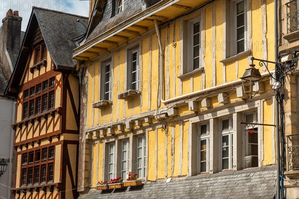 Old wooden colored houses in the medieval village of Quimper in the Finisterre department. French Brittany