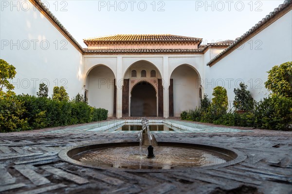 Beautiful courtyard with water fountains inside the Alcazaba in the city of Malaga