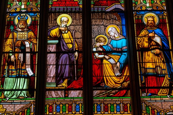 Stained glass inside the Saint Corentin cathedral in the medieval village of Quimper in the Finisterre department. French Brittany