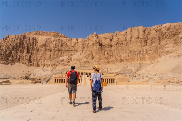 A couple at the Funerary Temple of Hatshepsut in Luxor on the return from Tourism to Egypt after the coronavirua pandemic