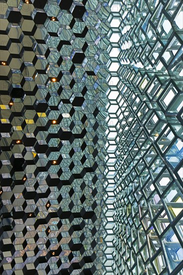 Colourful glass facade of the Harpa Concert Hall and conference centre in the capital city Reykjavik