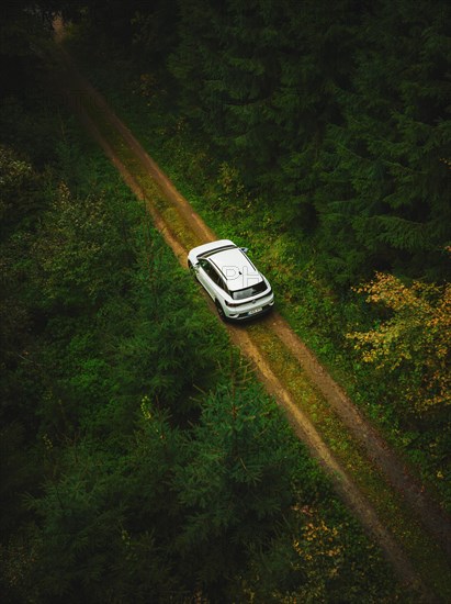 Electric car white VW ID4 in the forest