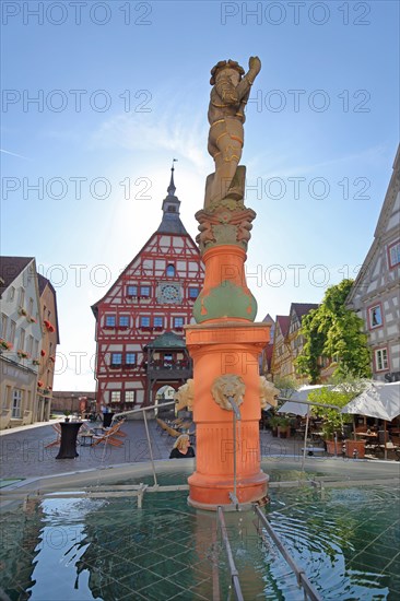 Market fountain with Edelmann sculpture and town hall