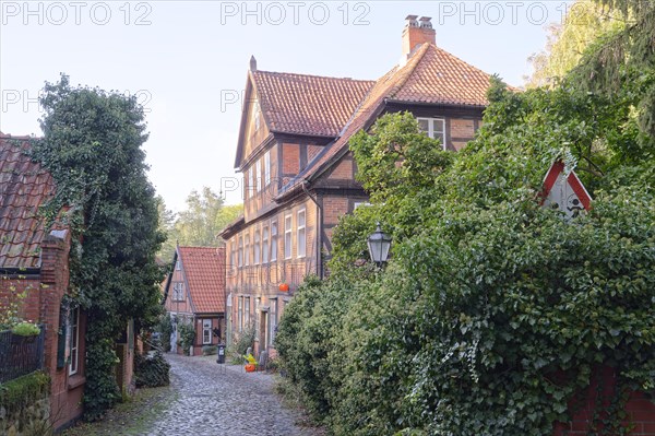 Half-timbered houses on the street Hohler Weg in the old town of Lauenburg on the Elbe. Duchy of Lauenburg