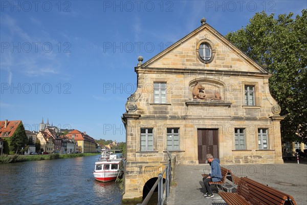 Historic Old Slaughterhouse with Stag Figure on the Regnitz River Ship