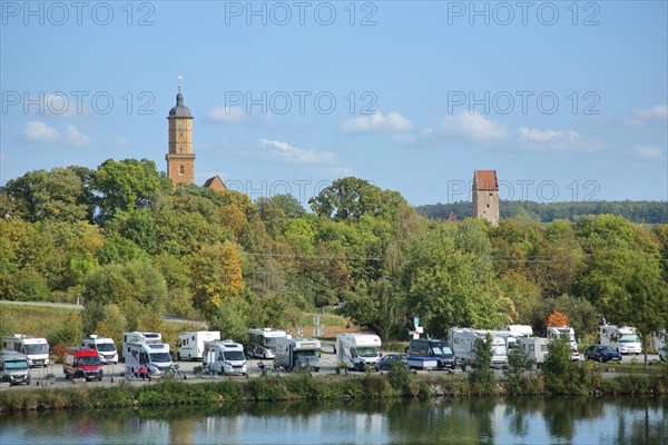 Main bank and car park with motorhomes