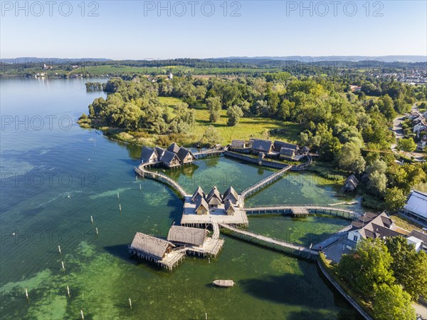 Aerial view of the reconstructed pile dwellings on the shore of Lake Constance