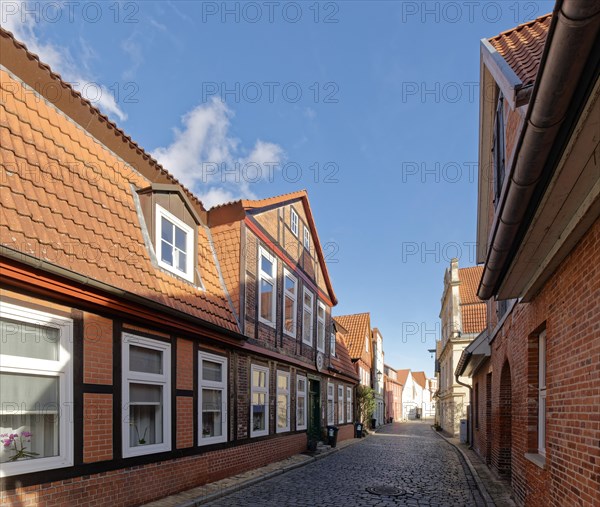 Half-timbered houses on the Elbstrasse in the old town of Lauenburg on the Elbe. Duchy of Lauenburg