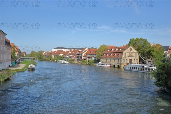 View from Untere Bruecke to Regnitz with ship and Old Slaughterhouse