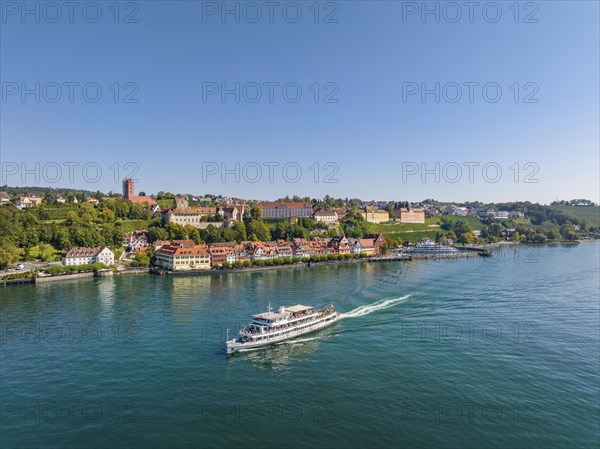 Aerial view of the town of Meersburg and the departing cruise ship MS Karlsruhe of Lake Constance-Schiffsbetriebe