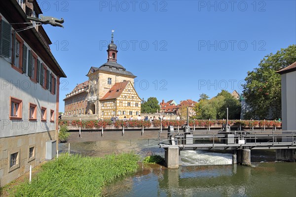 Historic Old Town Hall on the Regnitz with Geyerswoerth Bridge and weir