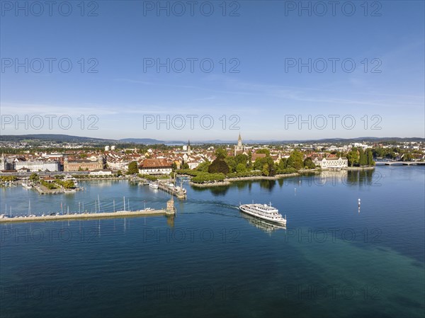 Aerial view of Lake Constance with the harbour of Constance and the departing cruise ship MS Swabia of the Lake Constance-Schiffsbetriebe