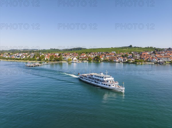 Aerial view of the Lake Constance municipality of Hagnau with the landing stage and the departing scheduled ship MS Swabia of the Lake Constance-Schiffsbetriebe