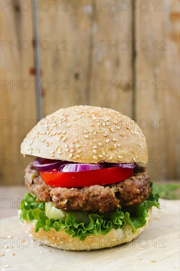 Close up burger with fries plate