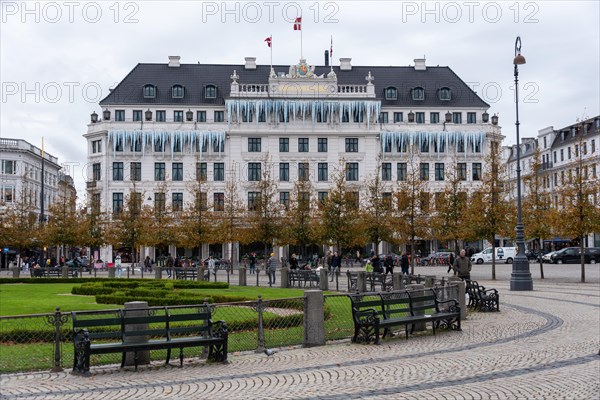 Historic luxury hotel d'Angleterre decorated with winter icicles