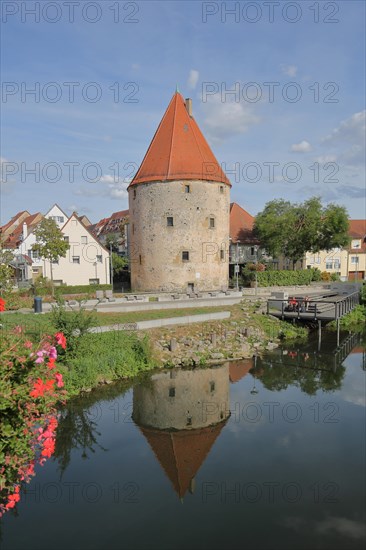 Powder tower built in 1492 and reflection in the river