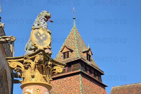 Detail of lion fountain built 1773 and historic Romanesque bell tower built 1228