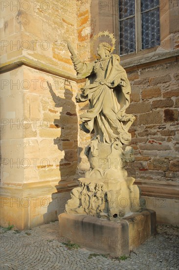 Madonna figure with halo in front of St. Maria de Rosario Church