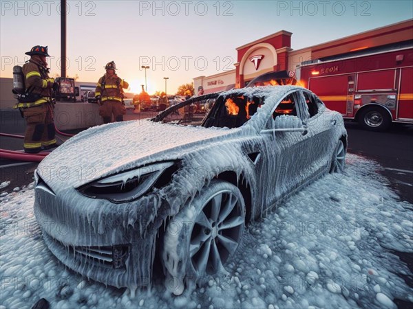 Burned melted ev electric car