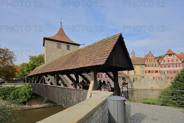Sulfer Bridge over the Kocher to the historic Sulfer Tower and half-timbered houses
