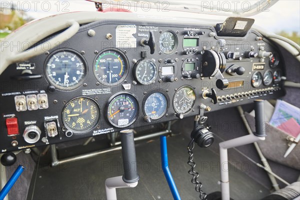 Cockpit of a lightweight aircraft on an airfield in Neumarkt in der Oberpfalz