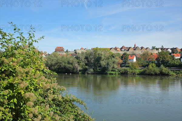 View over Neckar river to historical city wall with houses