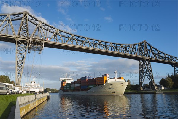 Suspended ferry and ship under the Rendsburg railway high bridge