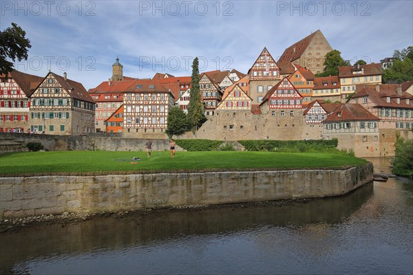 River island Unterwoehrd with Kocher and townscape with half-timbered houses