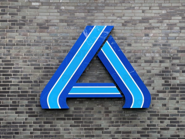 Logo A in blue without lettering on wall of supermarket of retail chain supermarket Aldi Nord