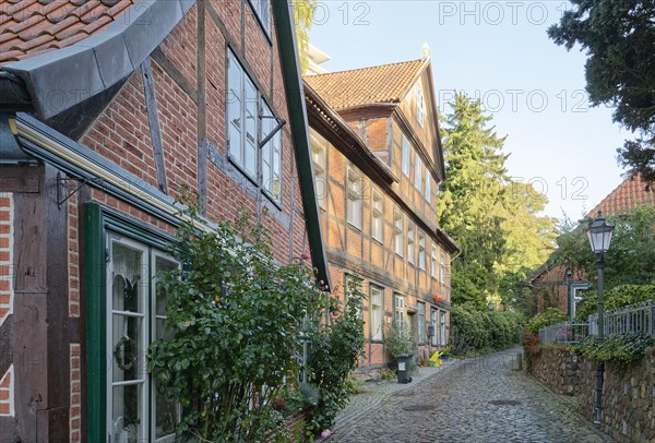 Half-timbered houses on the street Hohler Weg in the old town of Lauenburg on the Elbe. Duchy of Lauenburg