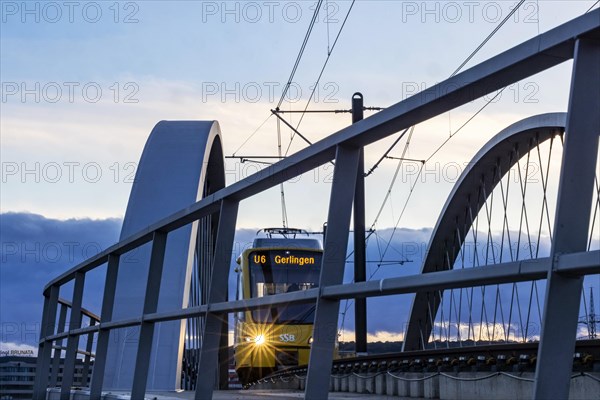 Network arch bridge over the A8 motorway. Light rail bridge of the SSB for the U6 airport line. The span of the arches is 80 metres. Tension elements made of carbon. The U6 line light rail bridge received the German Bridge Construction Award in 2023