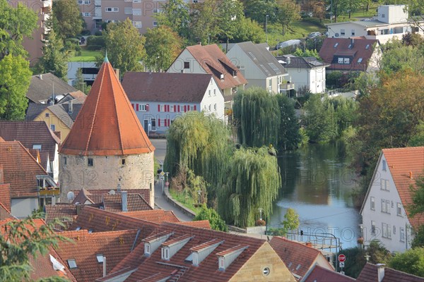 Townscape with historic Powder Tower built in 1492 and Enz