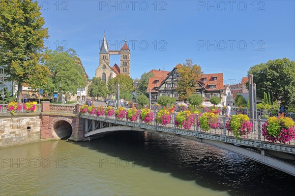 Agnes Bridge over the Rems with Gothic Town Church St. Dionys River