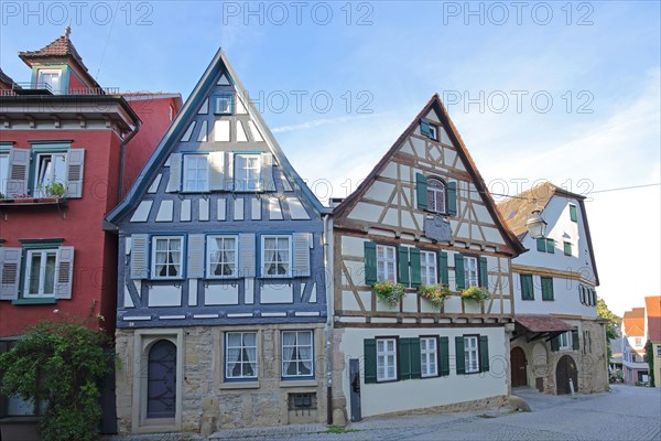 Blue half-timbered houses and Schiller's birthplace with green shutters