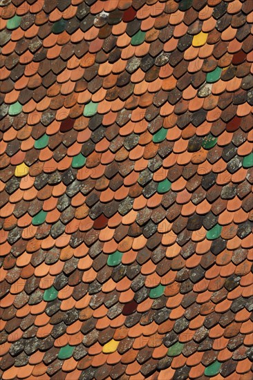 Roof with colourful roof tiles from the bell tower