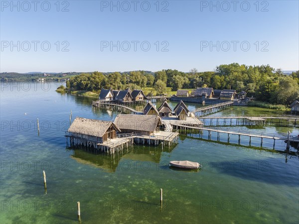 Aerial view of the reconstructed pile dwellings on the shore of Lake Constance