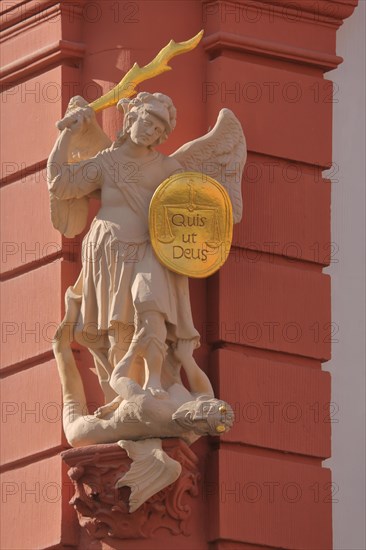 Sculpture Archangel Michael with shield Latin inscription