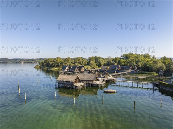 Aerial view of the reconstructed pile dwellings on the shore of Lake Constance