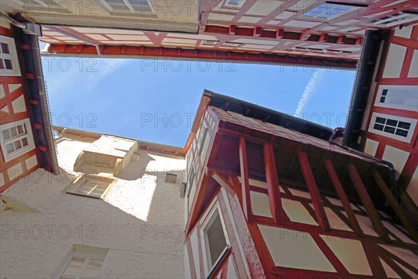 Inner courtyard with view upwards from the old castle built 13 century