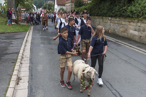 Parade at the Tanzlindenfest with brass band and Kirchweihbuben with a sheep to the Betzenaustanzen in Limmersdorf