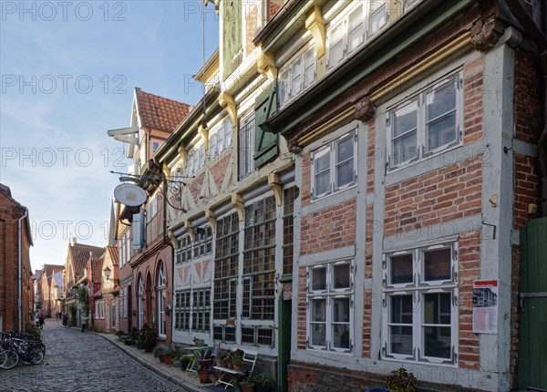 Half-timbered houses on the Elbstrasse in the old town of Lauenburg on the Elbe. Duchy of Lauenburg