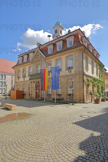 Town hall with German national flag and EU flag at the market place