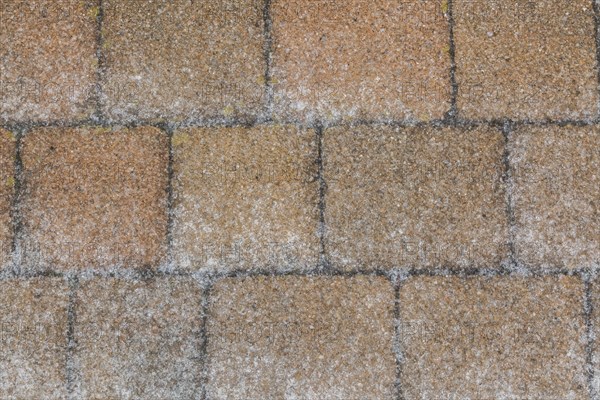 Nuanced tan and brownish paving stones covered with layer of ice