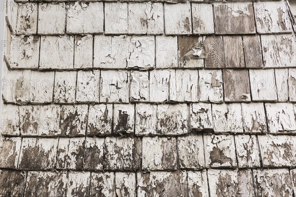 Distressed white painted cedar wood shingles on roof